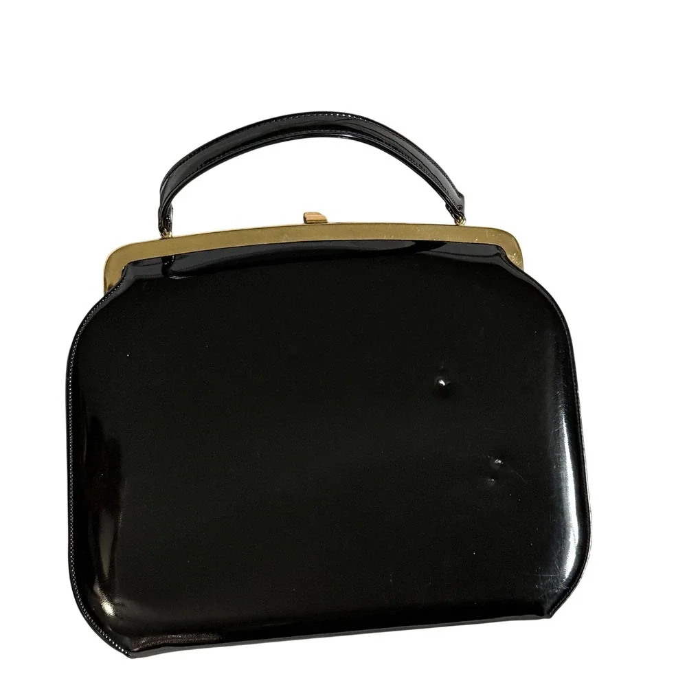 Theodor California Vintage Black Patent Leather Handbag Gold Frame Top Handle